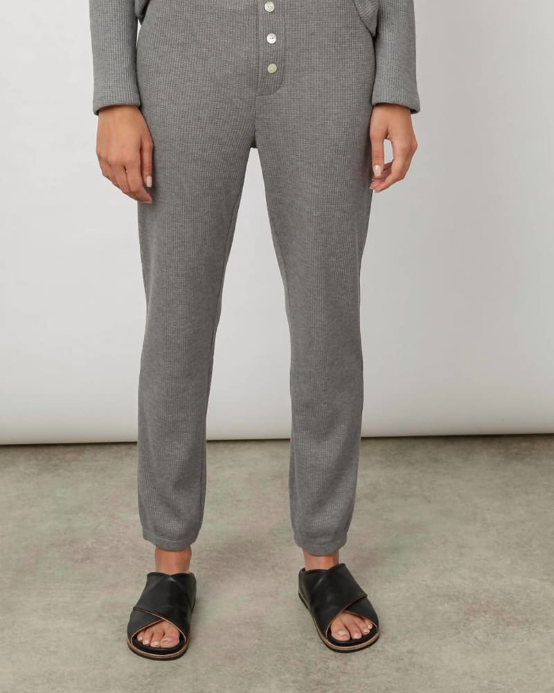 Front of a model wearing a size L Molly Pant in Heather Gray in Heather Gray by Rails. | dia_product_style_image_id:338138